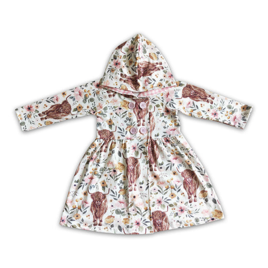 Highland cow floral girls fall hoodie dress