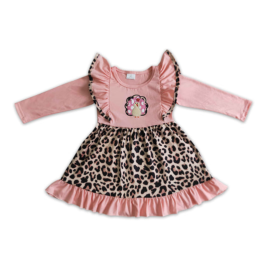 Pink turkey embroidery leopard baby kids Thanksgiving dress