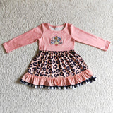 Pink turkey embroidery leopard kids girls Thanksgiving ruffle dresses
