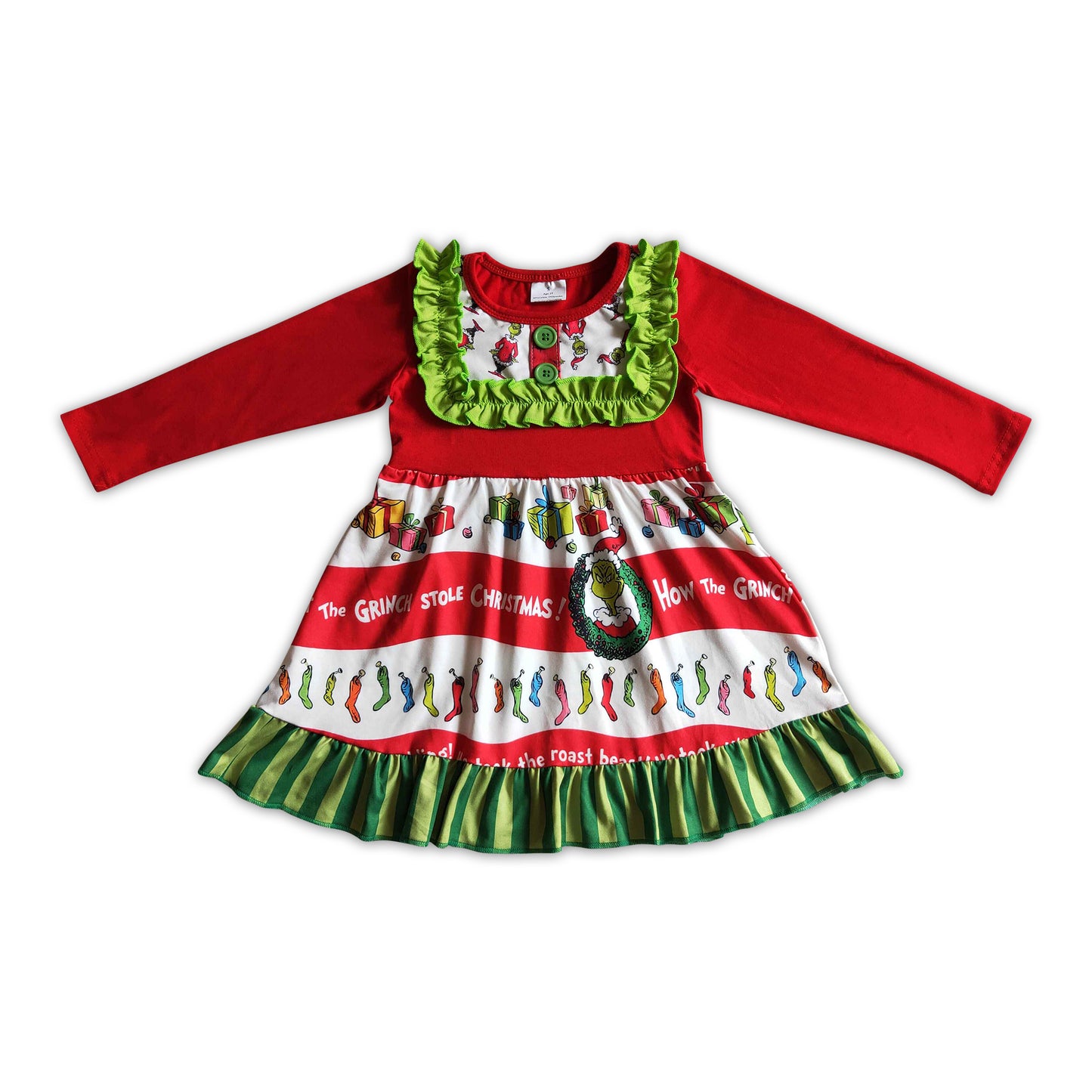 Red long sleeves cute kids girls Christmas dresses