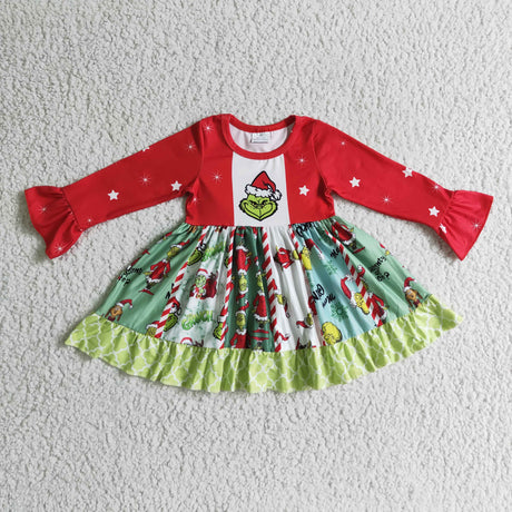 Green face long sleeve panel twirl baby girls Christmas dresses
