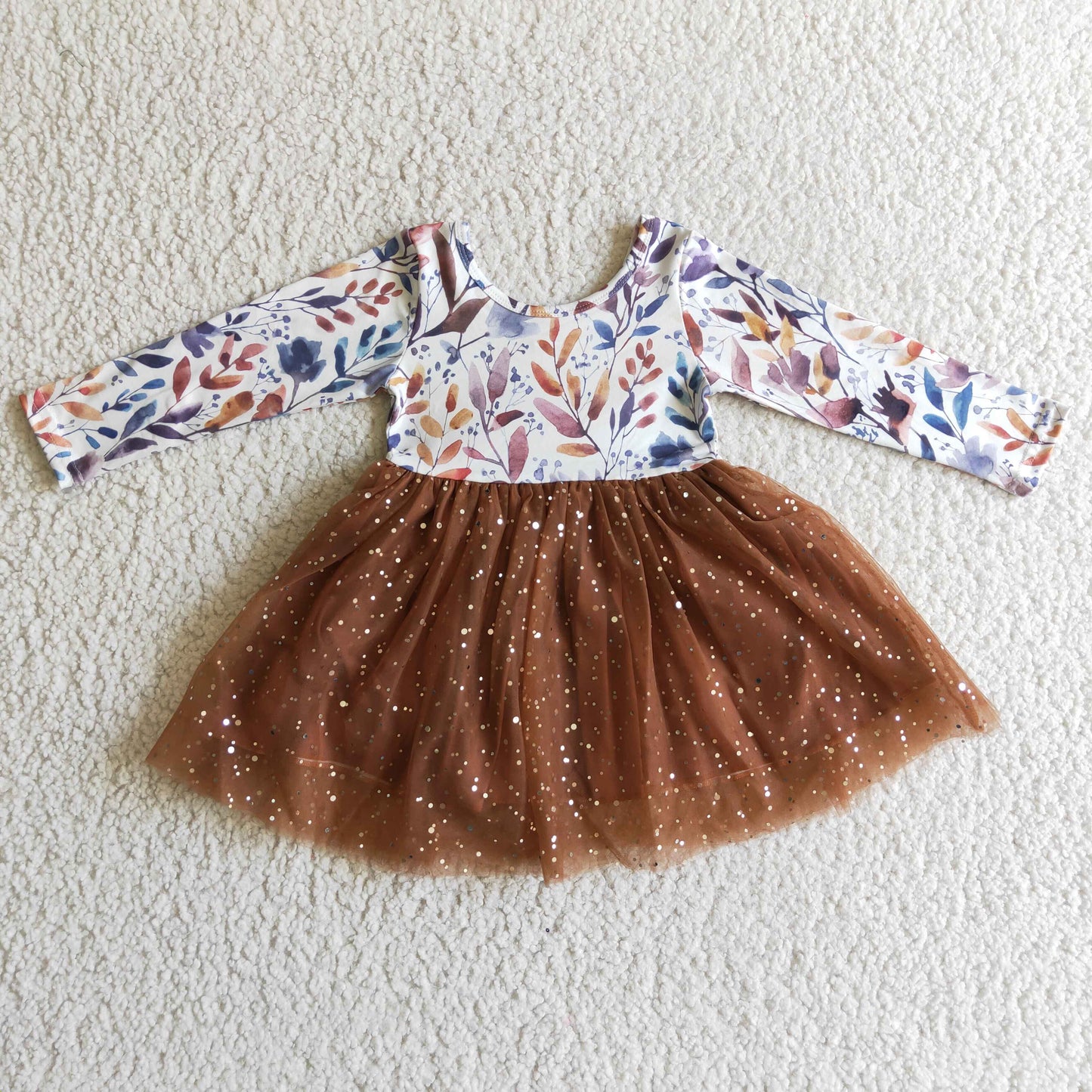Long sleeves brown sequin tulle girls fall dress