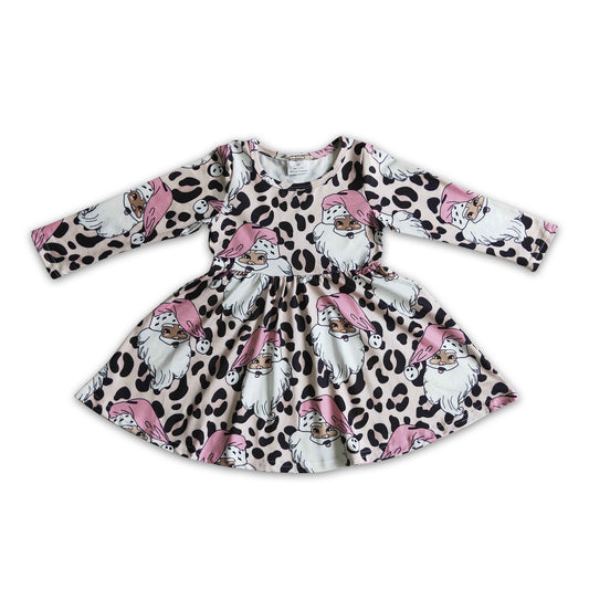 Pink black santa leopard baby girls Christmas twirl dresses
