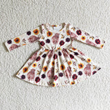 Highland cow floral long sleeves baby girls twirl dresses