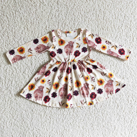 Highland cow floral long sleeves baby girls twirl dresses