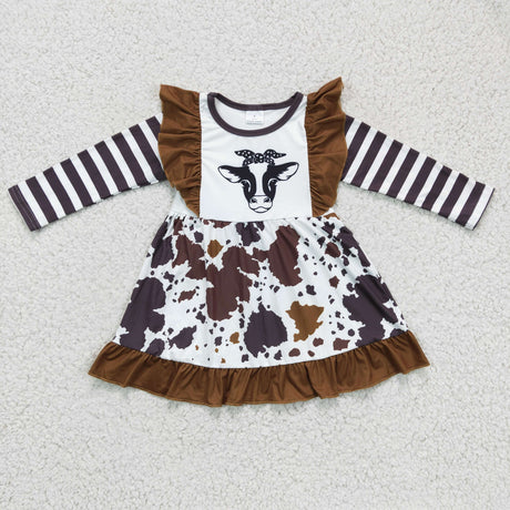 Cow print flutter sleeves baby girls western dresses