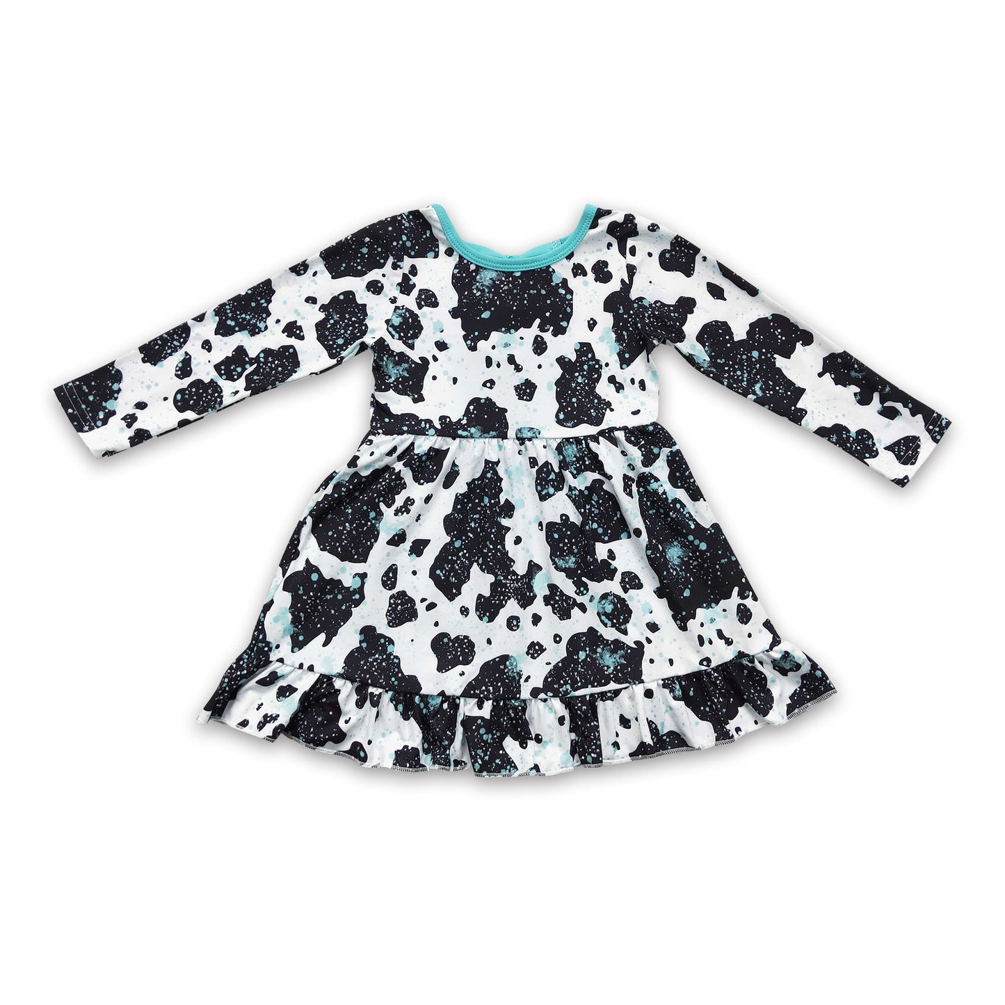 Turquoise bow cow long sleeves baby girls dresses