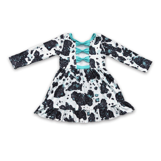 Turquoise bow cow long sleeves baby girls dresses