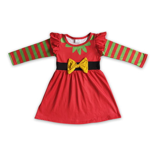 Stripe long sleeves red bow baby girls Christmas dresses