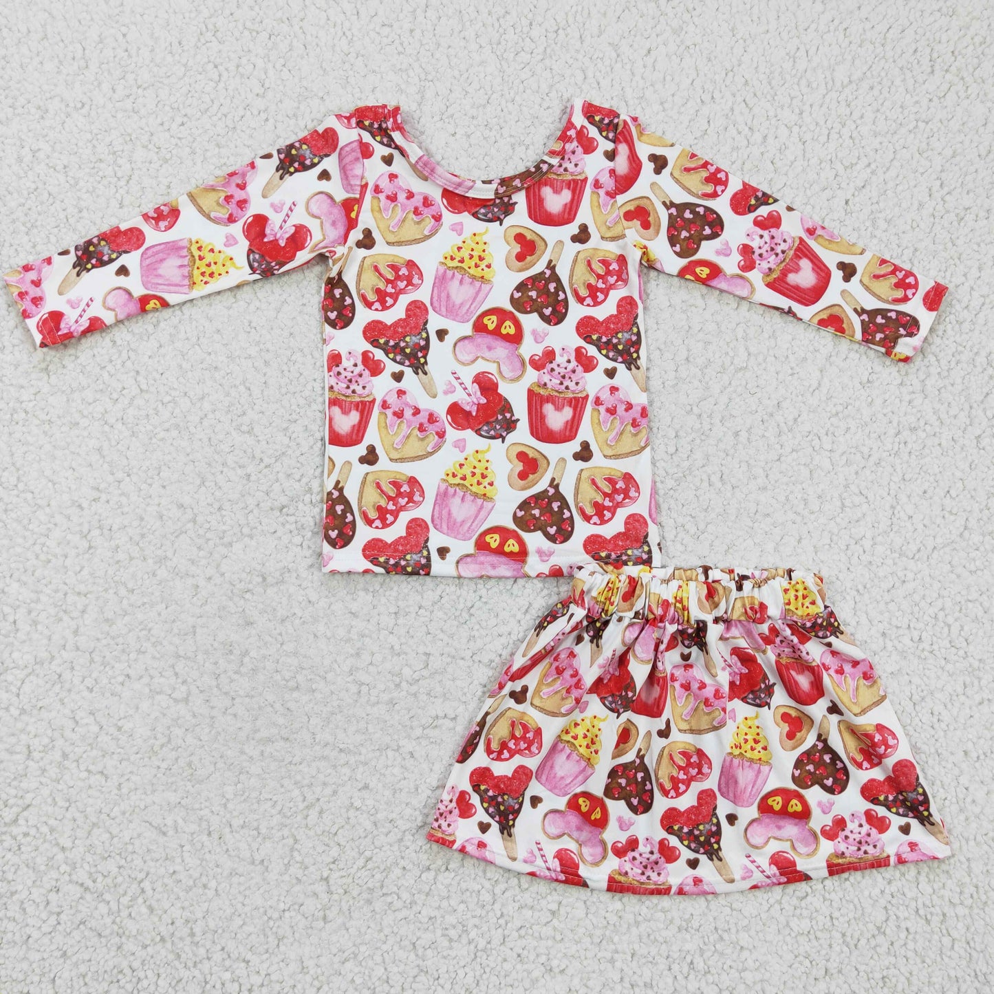 Cupcake heart snacks skirt set girls Valentine's clothes