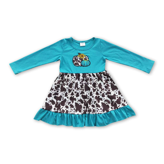 Turquoise cow print pumpkin kids girls fall dress