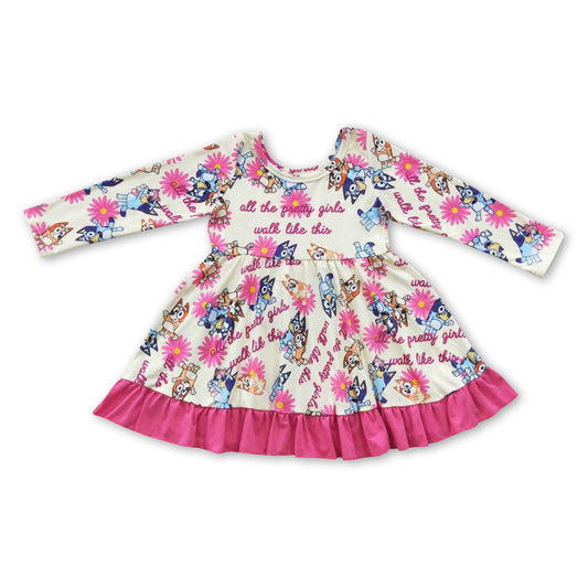 Hot pink dogs floral ruffle girls twirl dresses