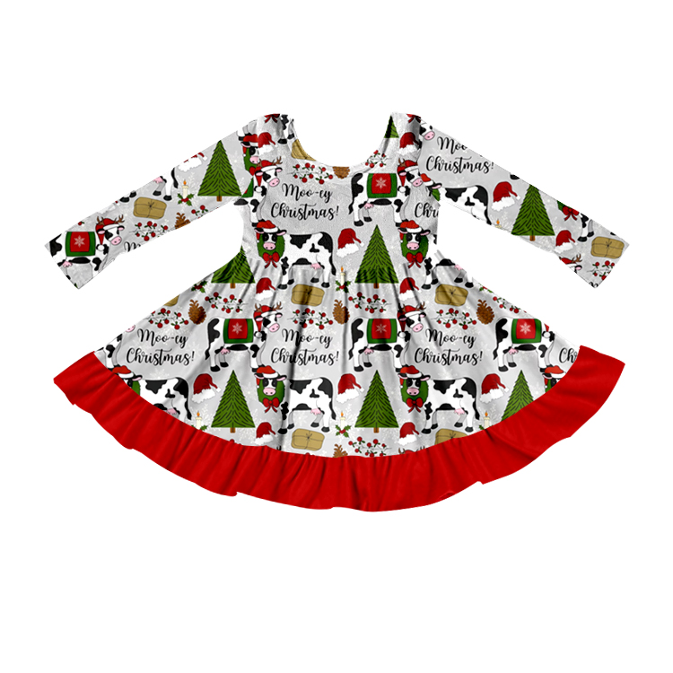 Merry Christmas heifer long sleeves ruffle baby girls dresses