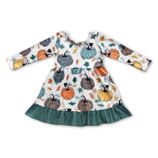 Long sleeves leopard pumpkin ruffles baby girls fall dress