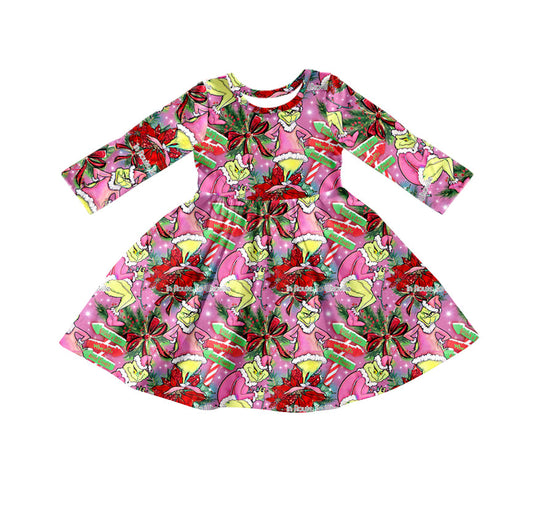 Pink long sleeves green face baby girls Christmas dresses