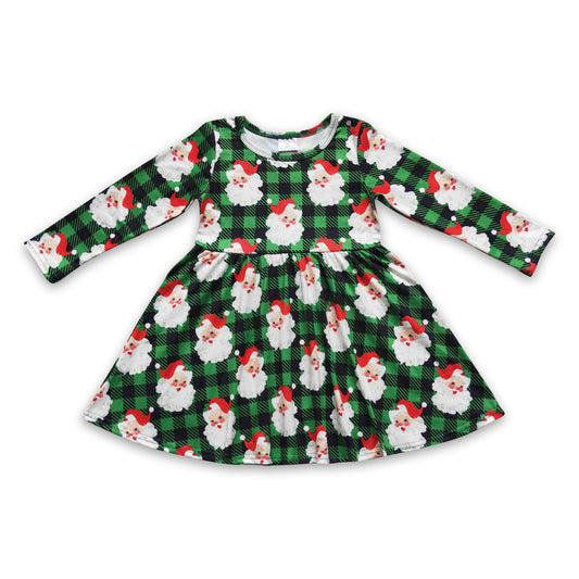 Santa plaid green long sleeves girls Christmas twirl dresses