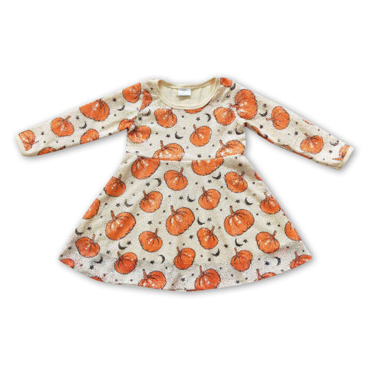Pumpkin moon long sleeves sequin baby girls Halloween dress