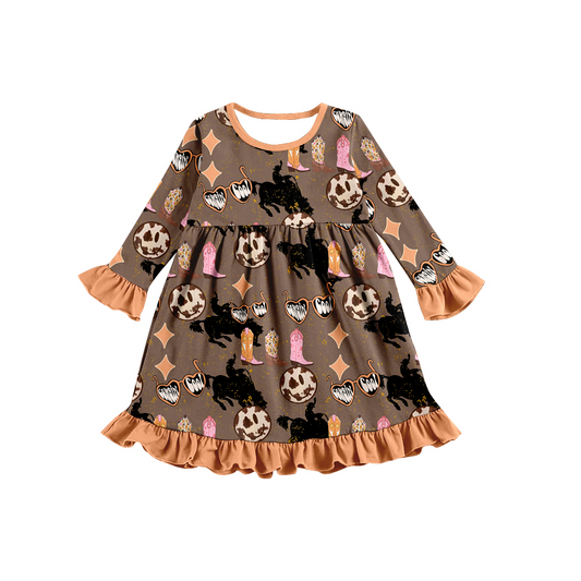 Cow print boots smile long sleeves kids girls dresses
