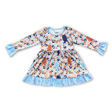 Blue dog leopard kids girls long sleeves dresses