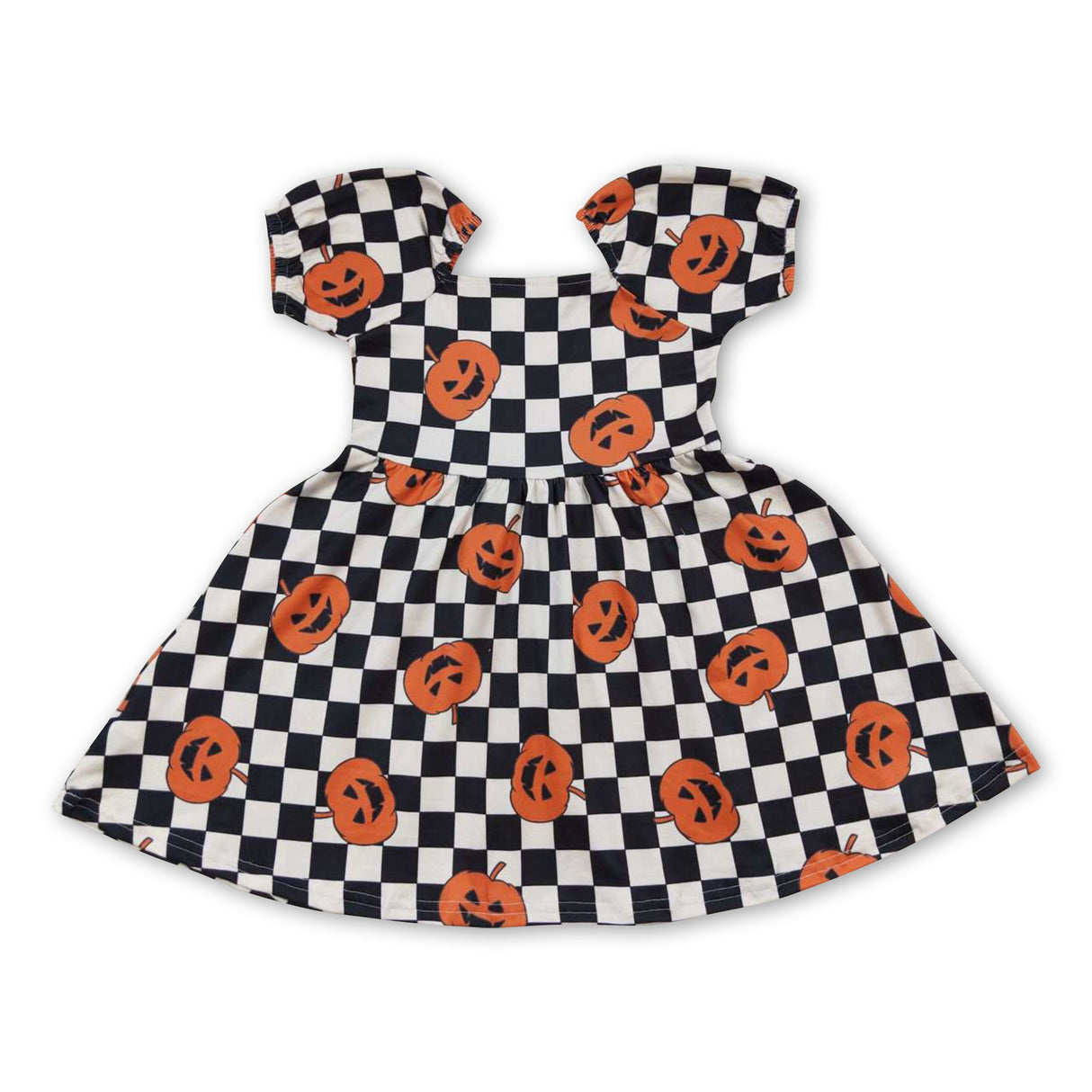 Short sleeves plaid pumpkin baby girls Halloween dress