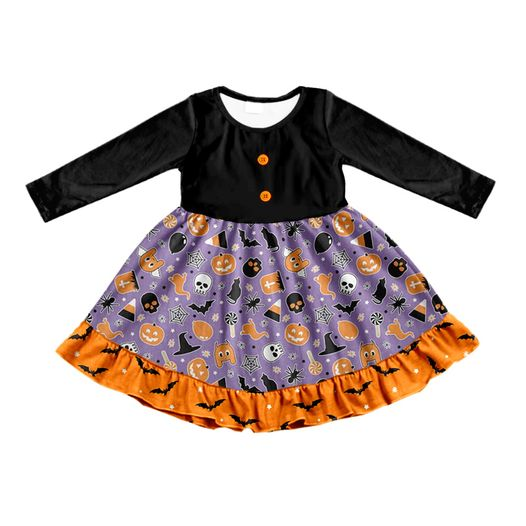 Pumpkin bat long sleeves baby girls Halloween dress