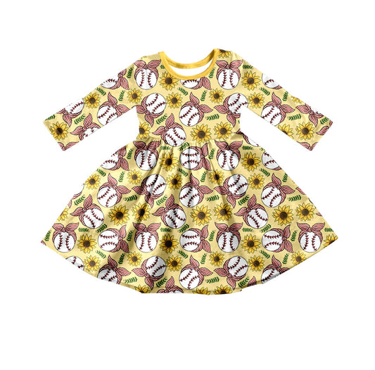 Baseball sunflower long sleeves baby girls dresses