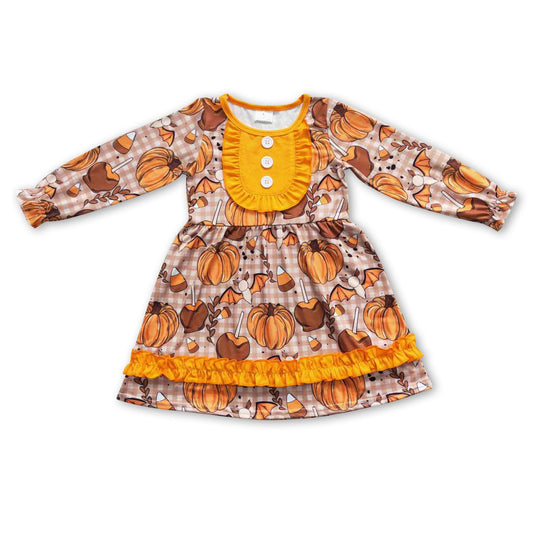 Long sleeves pumpkin plaid baby girls fall dresses