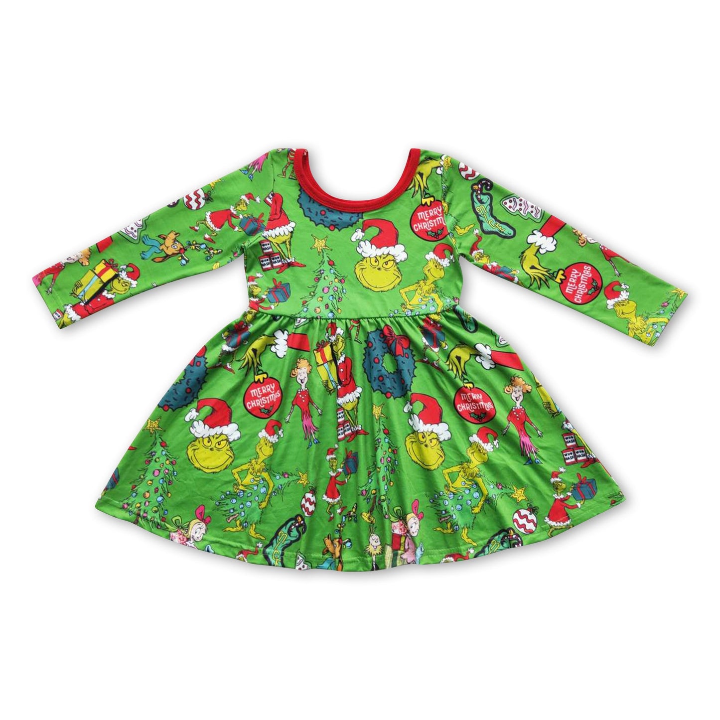 Merry Christmas green face kids girls twirl dresses