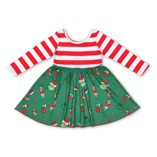 Stripe long sleeves green face candy cane girls Christmas dress