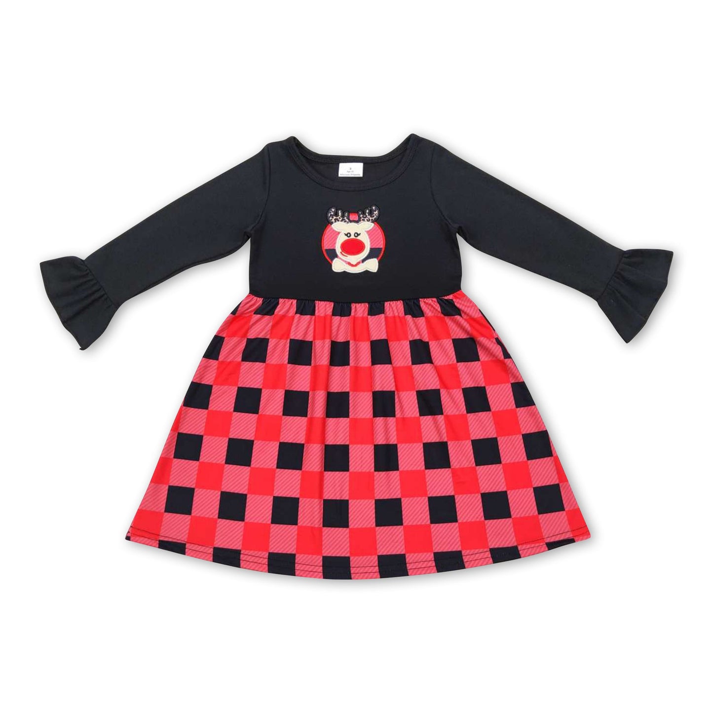 Buffalo plaid deer long sleeves girls Christmas dress