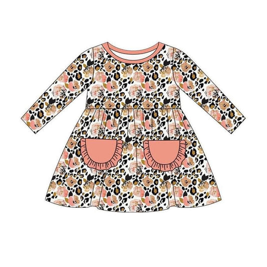 Long sleeves leopard floral pockets girls dresses