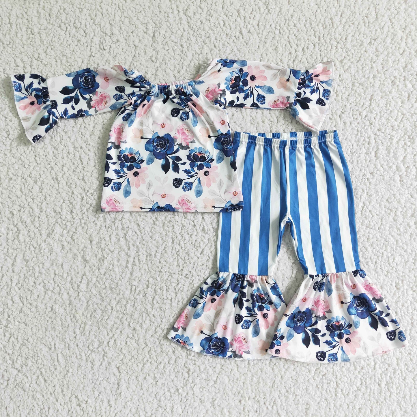Blue floral top stripe pants girls clothing set