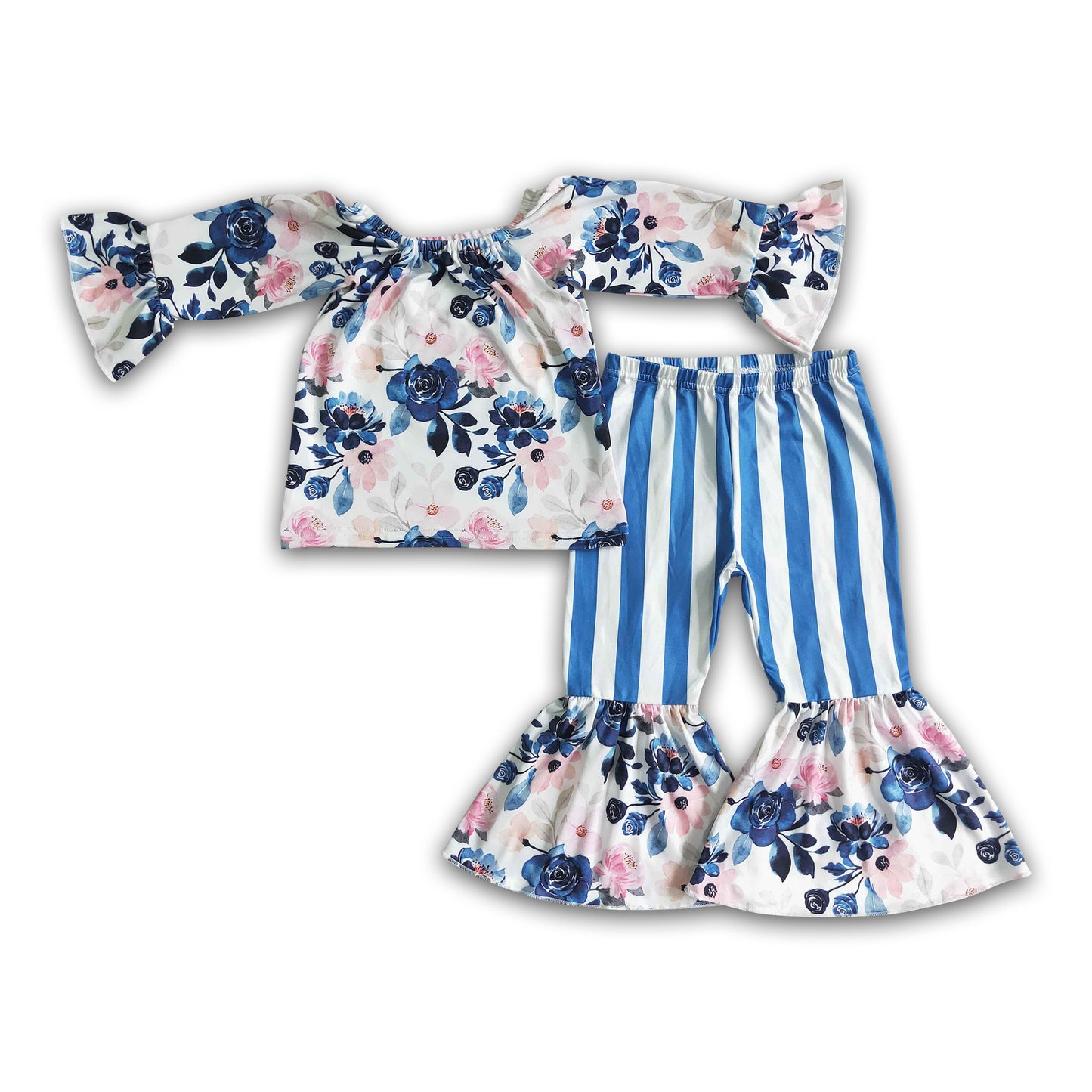 Blue floral top stripe pants girls clothing set