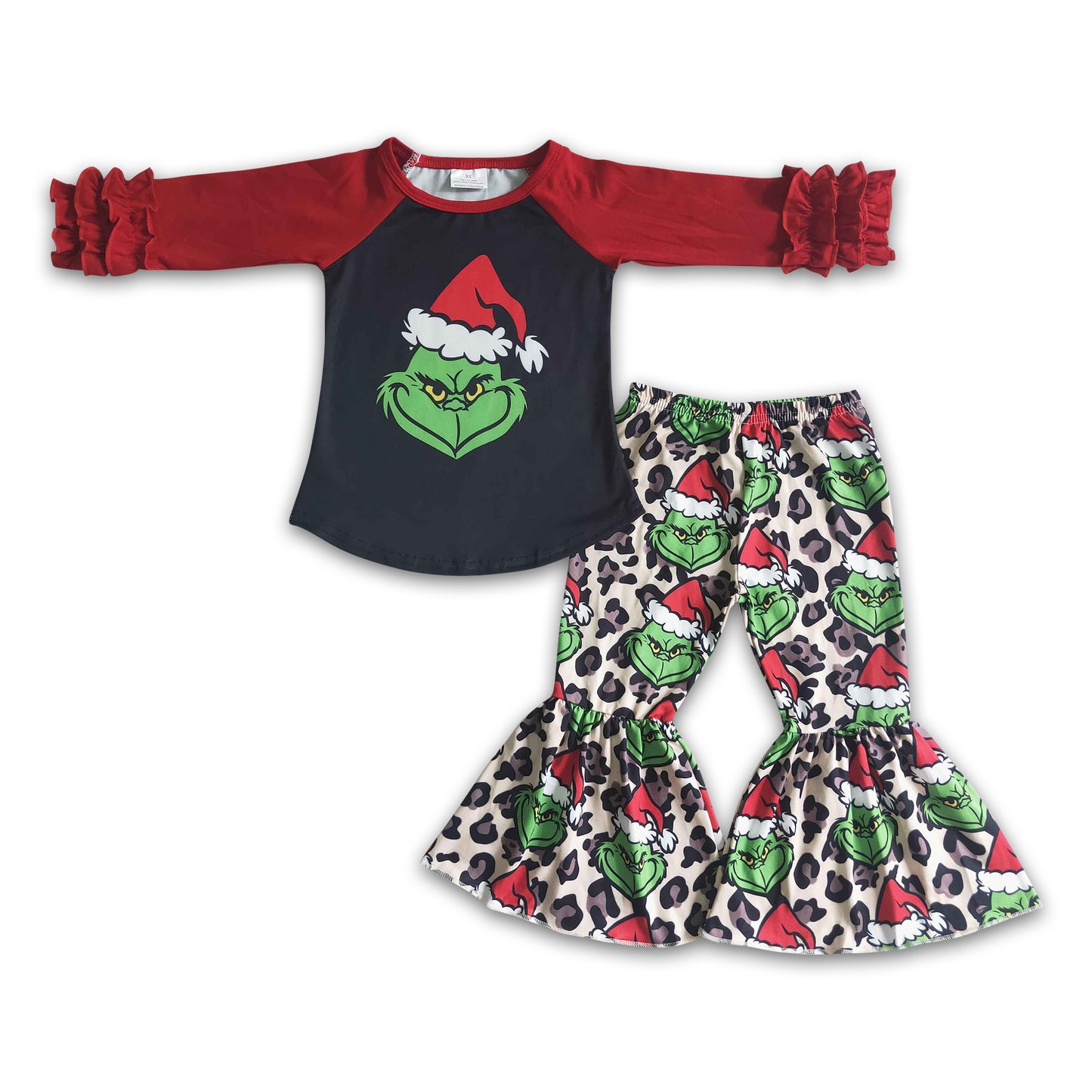Black green face raglan leopard bell bottom pants girls Christmas clothing