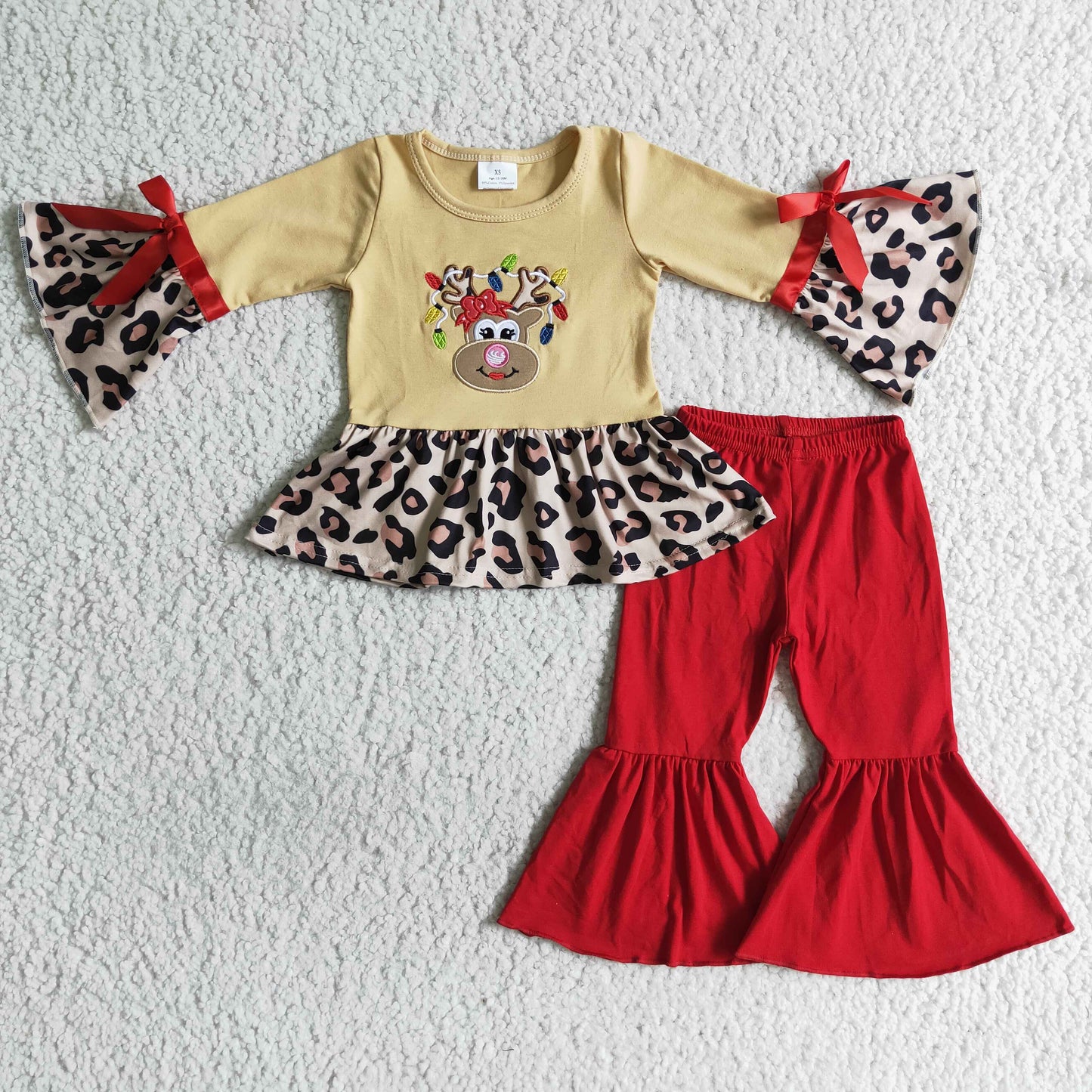 Reindeer embroidery leopard peplum red pants girls Christmas set