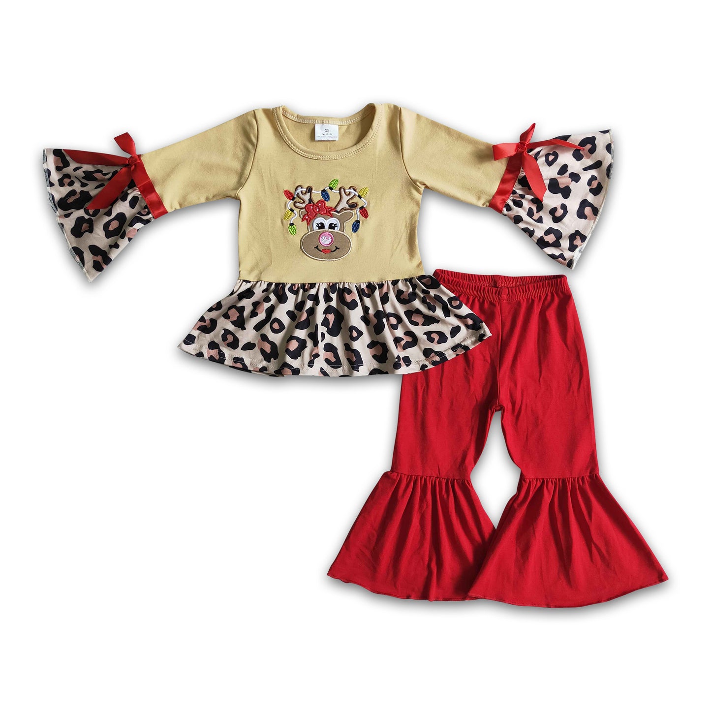 Reindeer embroidery leopard peplum red pants girls Christmas set