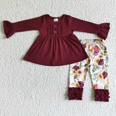 Maroon cotton tunic floral leggings girls fall outfits