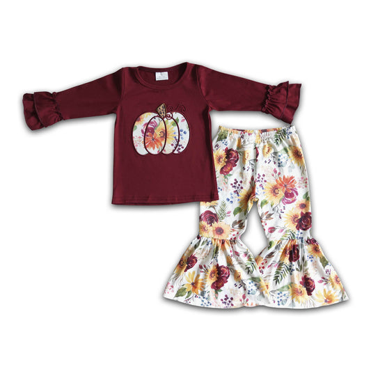 Maroon pumpkin embroidery bell bottom pants girls fall outfits