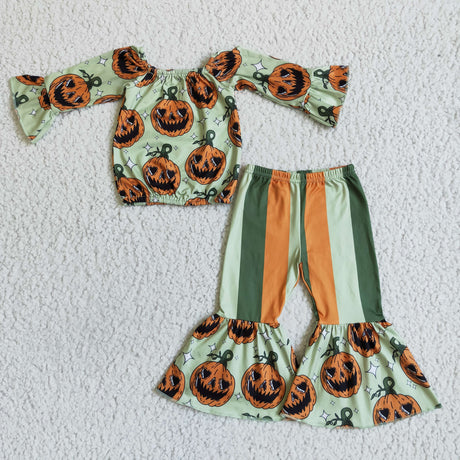 Pumpkin top stripe bell bottom pants girls Halloween set