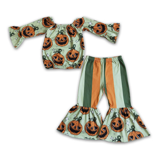 Pumpkin top stripe bell bottom pants girls Halloween set