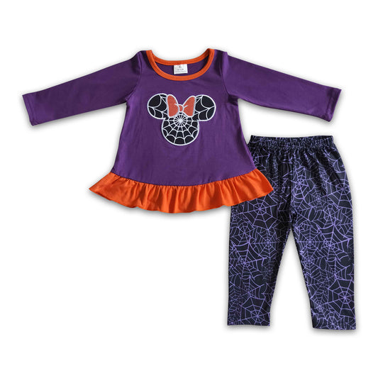 Spiderweb embroidery purple orange tunic leggings girls Halloween clothing