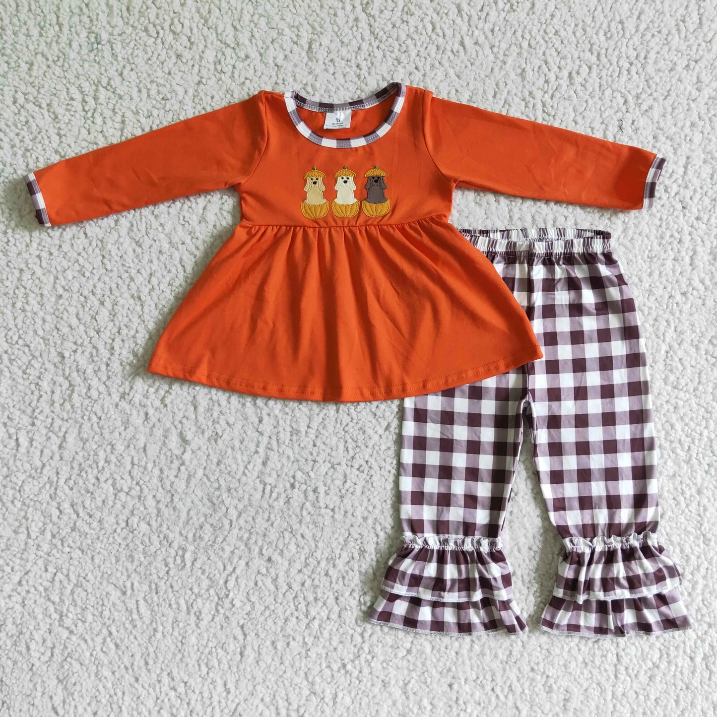 Dog pumpkin embroidery tunic ruffle pants kids girls fall clothes
