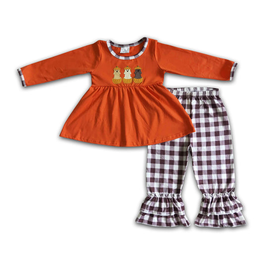 Dog pumpkin embroidery tunic ruffle pants kids girls fall clothes
