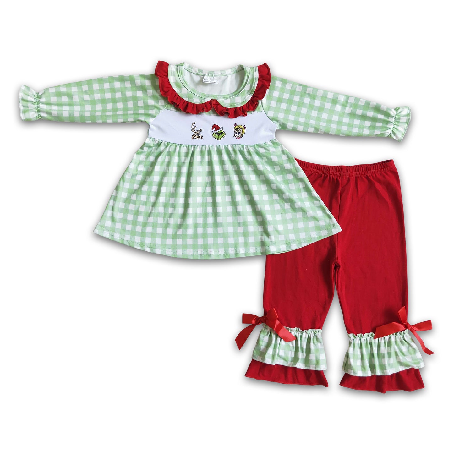 Green face embroidery plaid tunic ruffle pans girls Christmas clothing