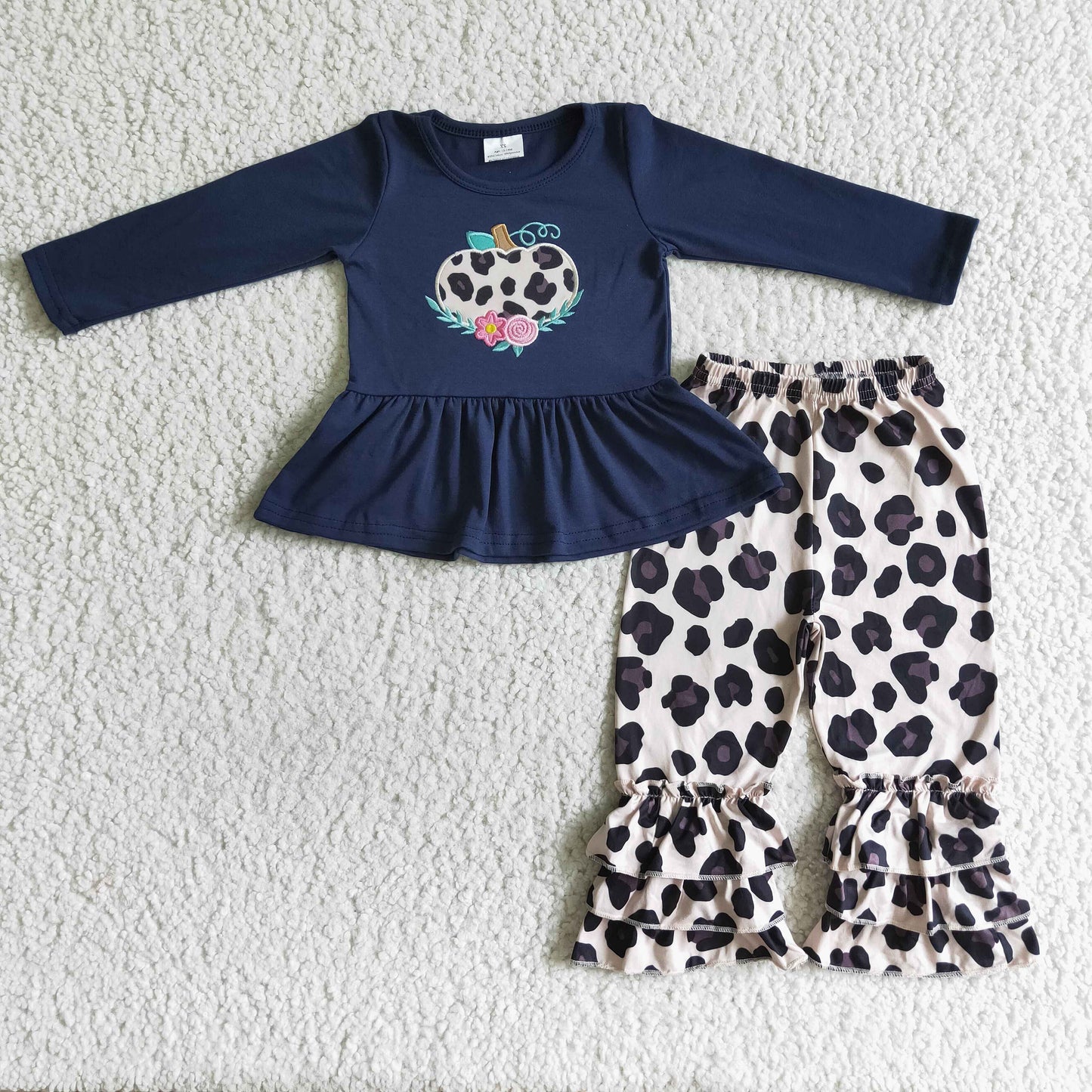 Navy shirt leopard pumpkin ruffle pants girls fall clothes