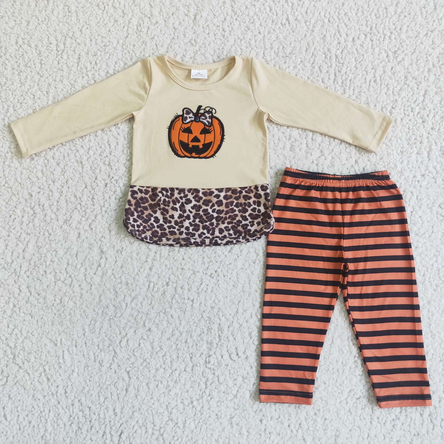 Pumpkin embroidery leopard shirt stripe leggings girls Halloween outfits