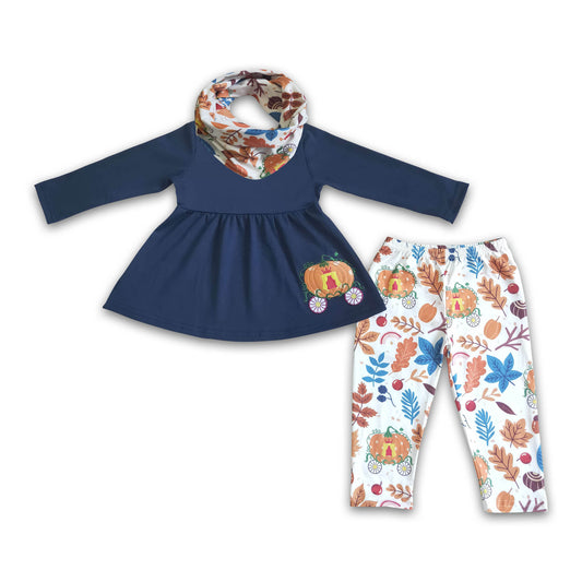Pumpkin carriage embroidery girls fall clothing set