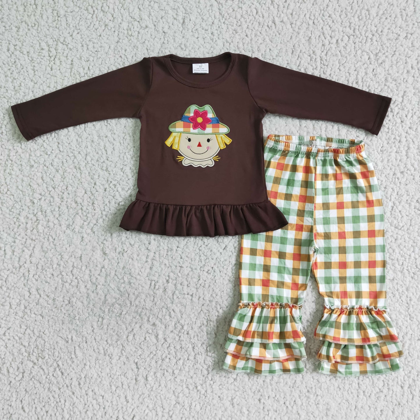 Scarecrow embroidery cotton shirt plaid pants girls fall outfits