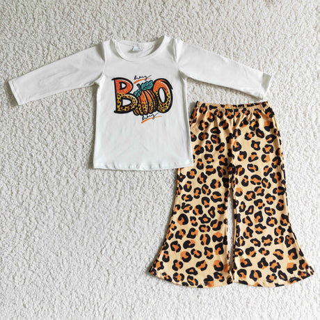 Pumpkin boo shirt leopard pants girls Halloween clothing