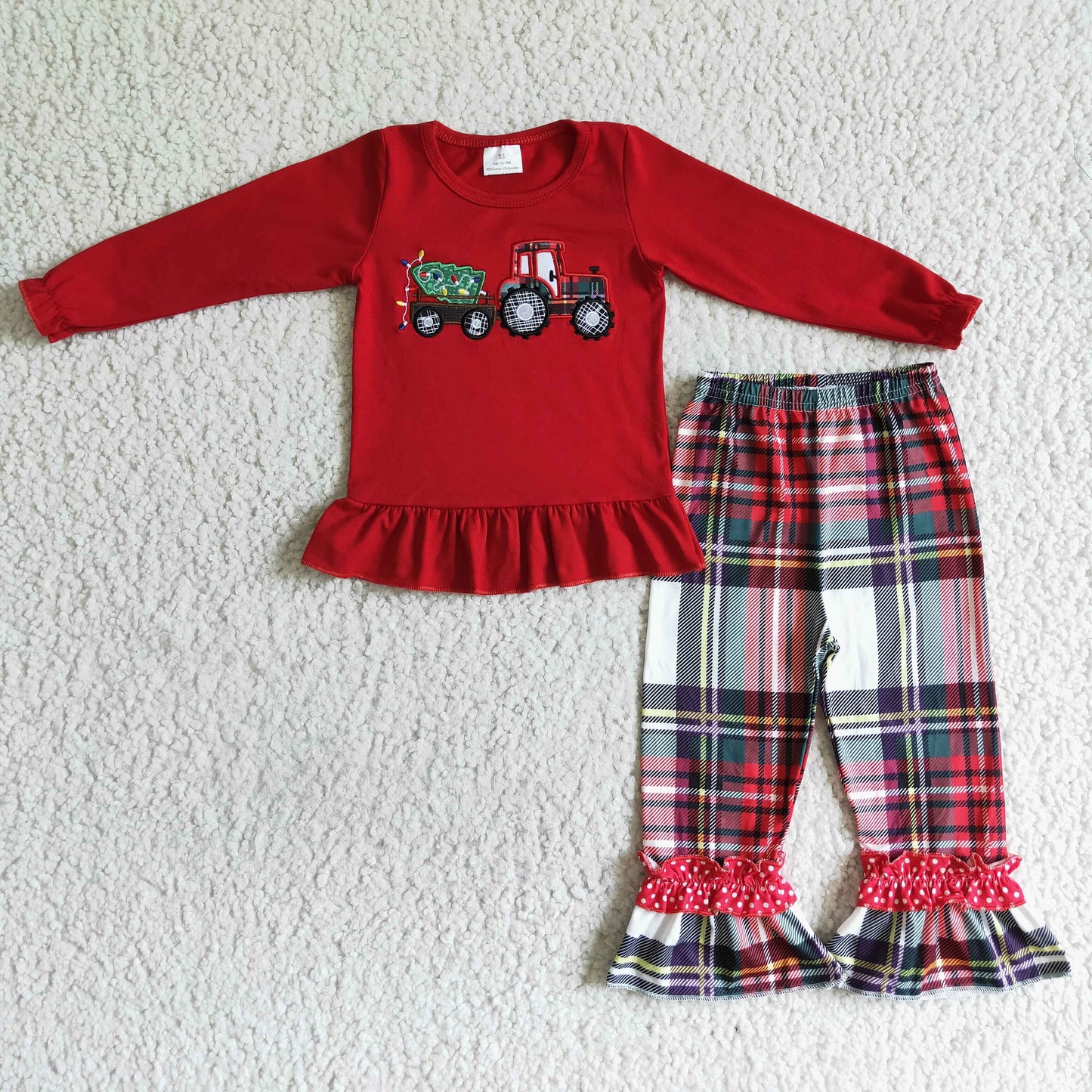 Christmas tree truck embroidery plaid pants girls clothes